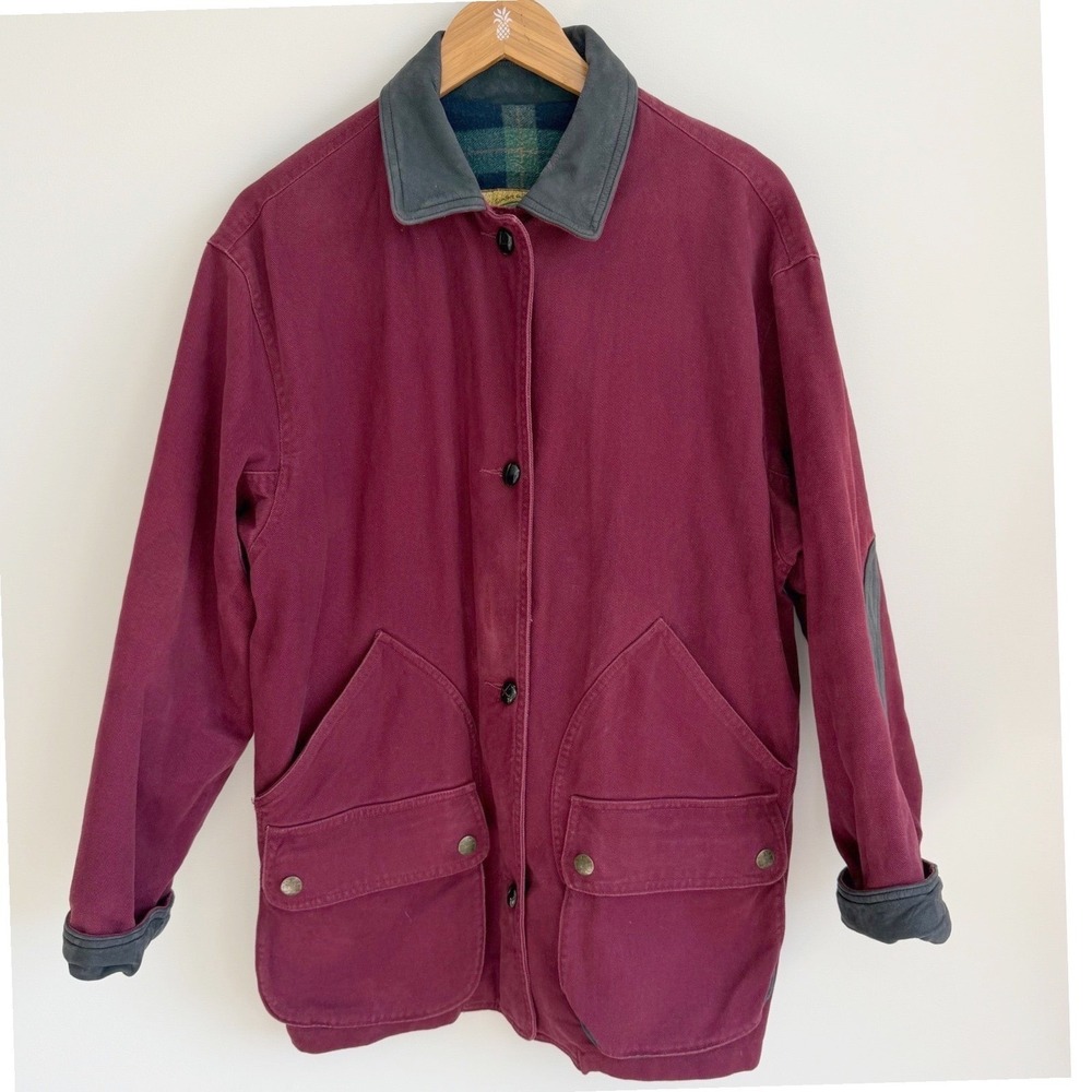 BEST Men's Jacket Maroon Cotton Canvas Lined Leather Trim Chore Barn Large